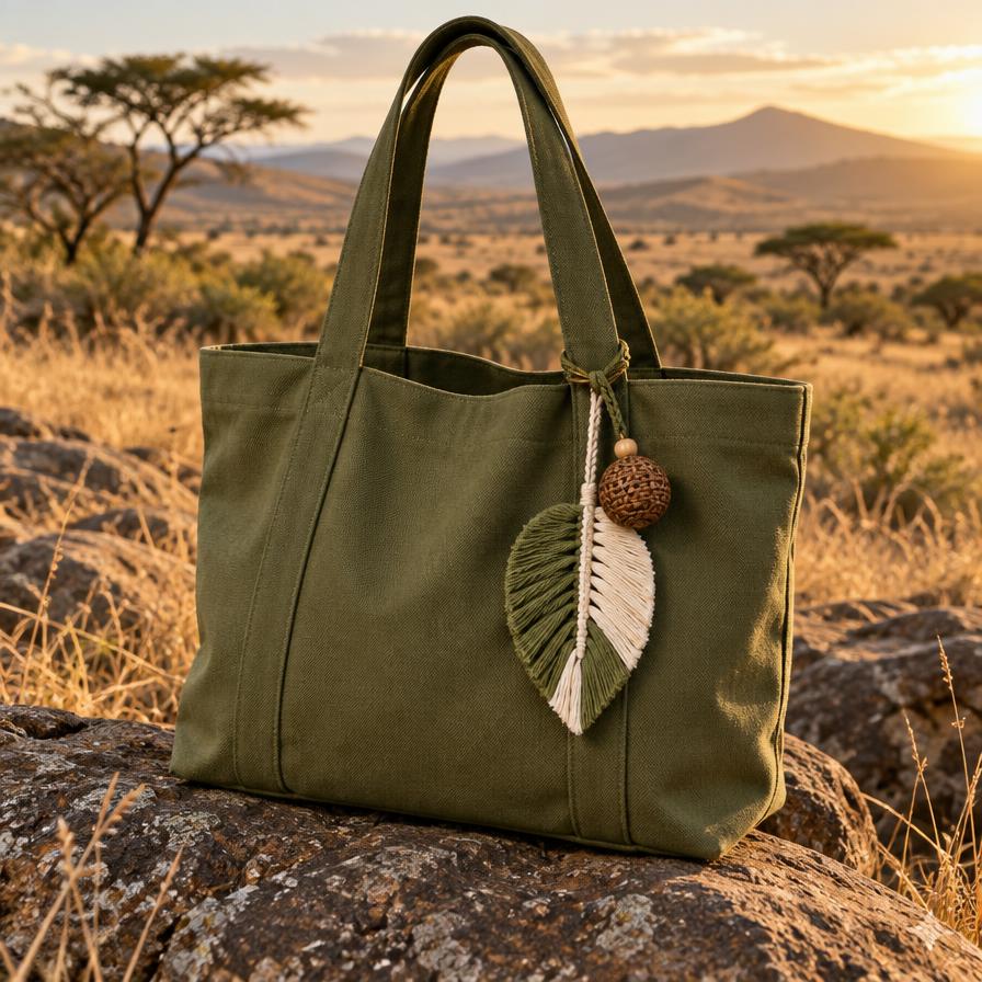 Olive canvas tote with a woven leaf charm and round woven bead, on rocks in a dry landscape.