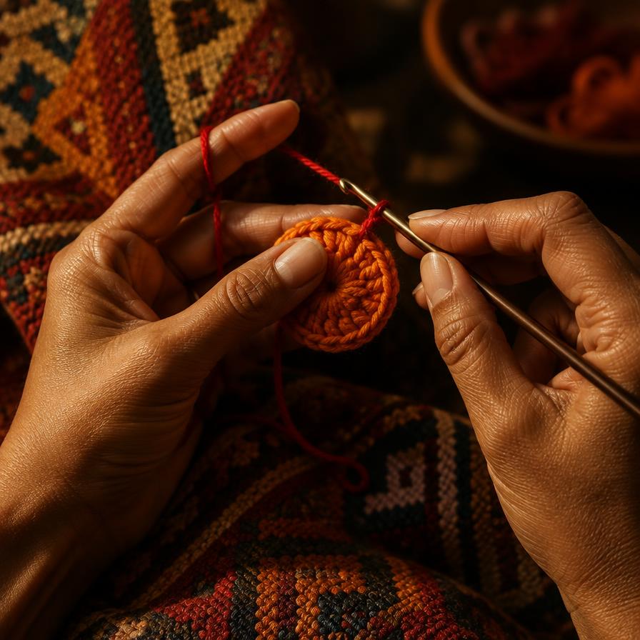 A maker's hands crocheting an orange charm.